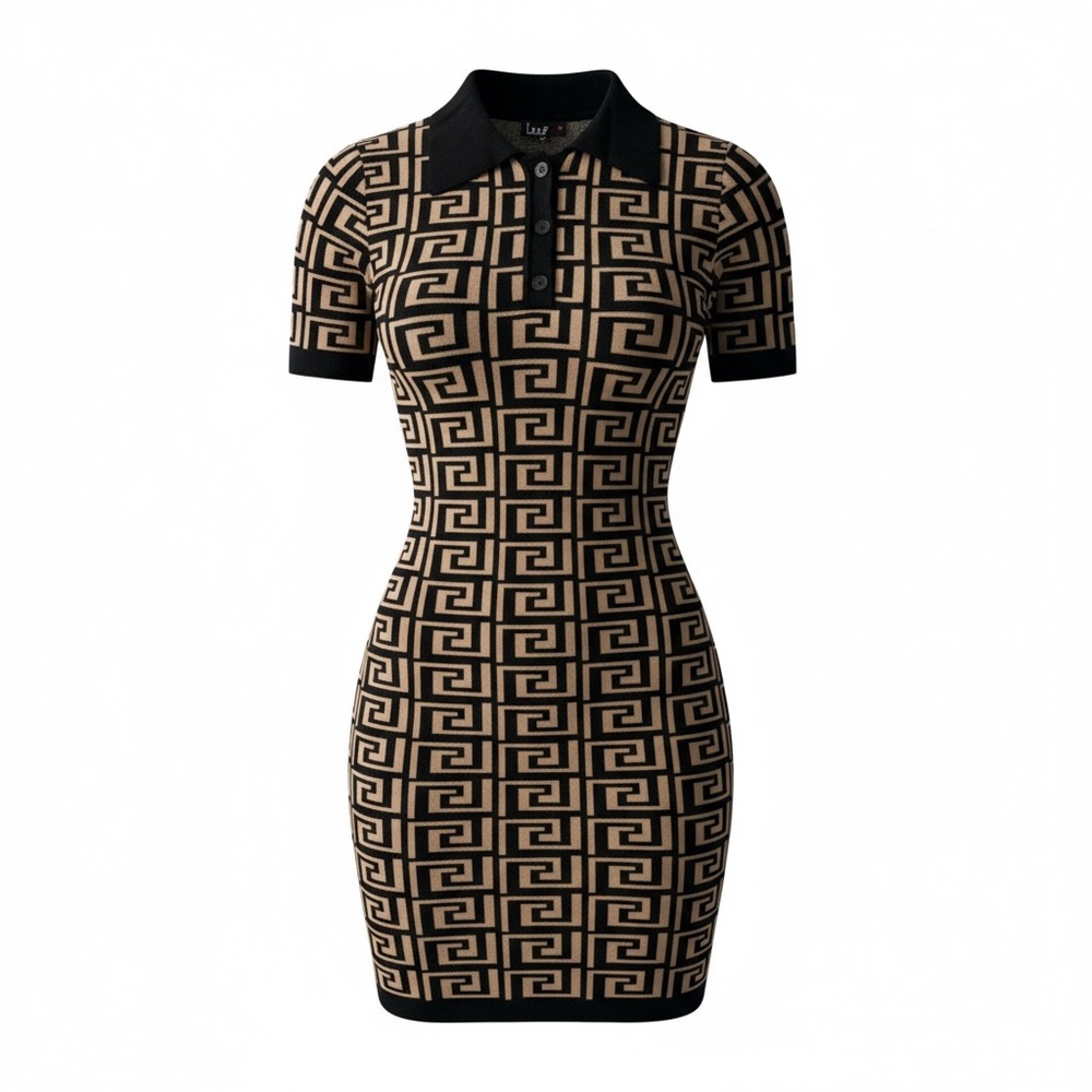 Geometric Patterned Black and Tan Dress